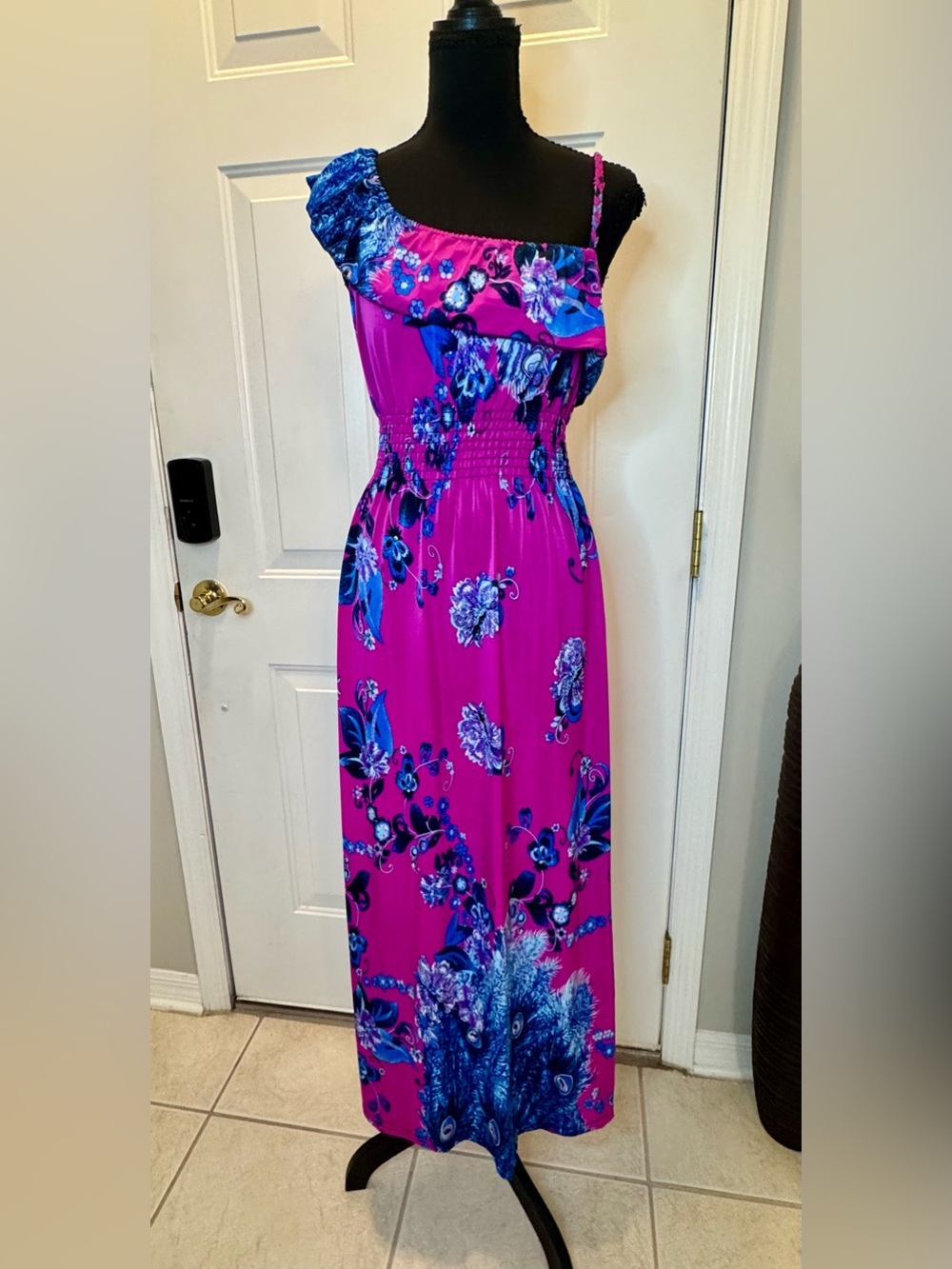 One-Shoulder Fuchsia Floral Maxi Dress by